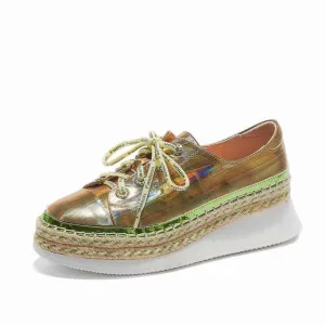 fashion shiny genuine leather mixed colors sneaker round toe thick bottom lace up maide new vulcanized shoes