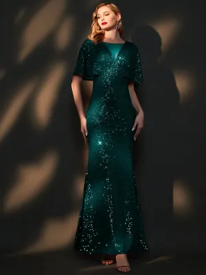[Final Sale] Emerald Green Batwing Sleeves V-Neck Sequin Formal Gown
