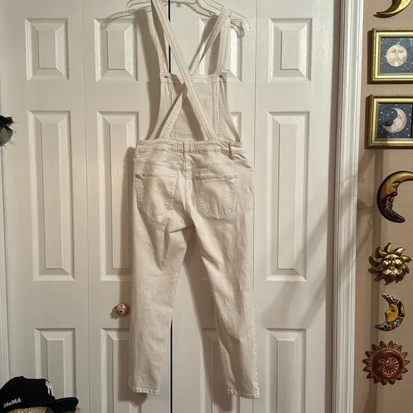 Free People White Washed Denim Stretch Skinny Cropped Overalls sz 27