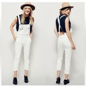 Free People White Washed Denim Stretch Skinny Cropped Overalls sz 27