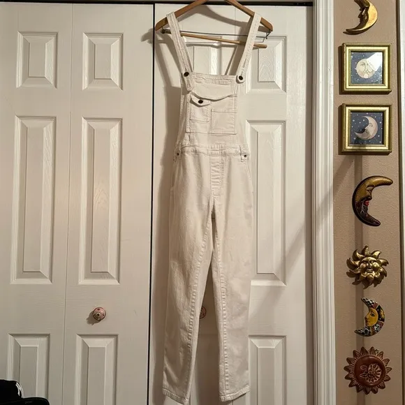 Free People White Washed Denim Stretch Skinny Cropped Overalls sz 27