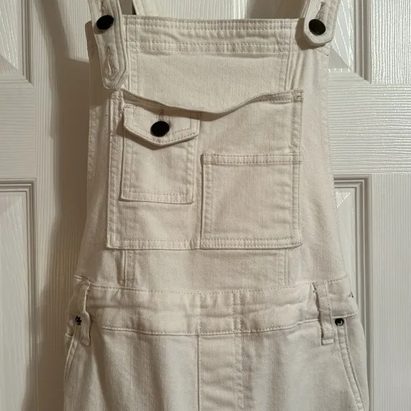 Free People White Washed Denim Stretch Skinny Cropped Overalls sz 27