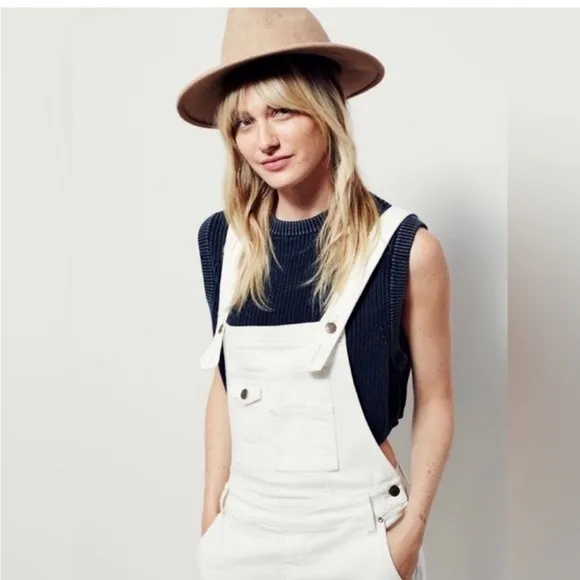 Free People White Washed Denim Stretch Skinny Cropped Overalls sz 27