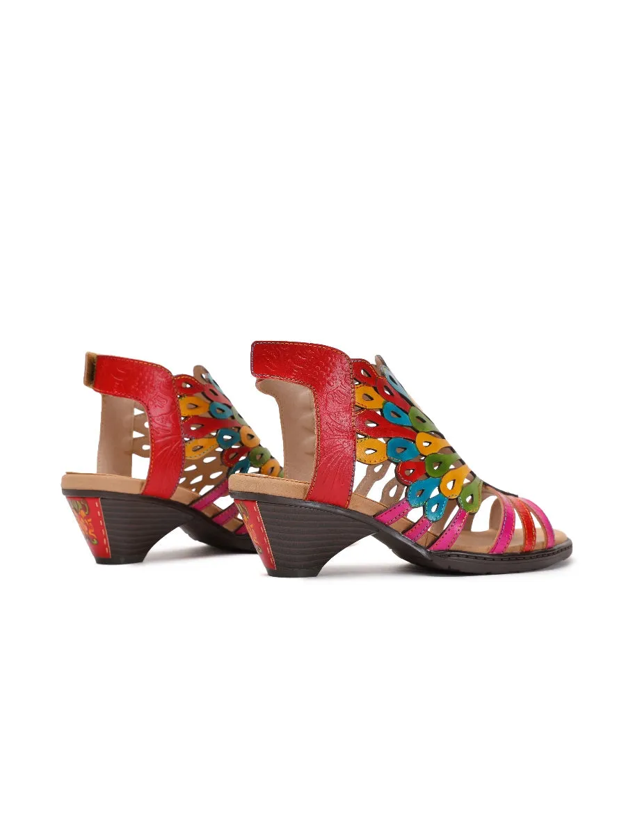 Genuine Leather Multi Color Cut Out Peacock Low Heel Sandals