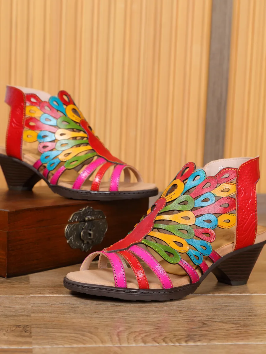 Genuine Leather Multi Color Cut Out Peacock Low Heel Sandals