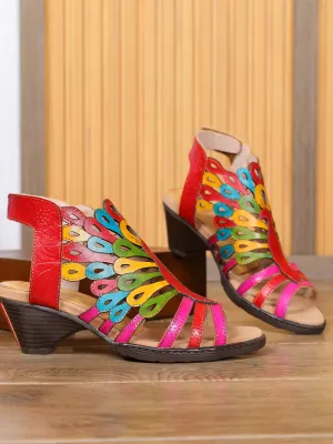 Genuine Leather Multi Color Cut Out Peacock Low Heel Sandals