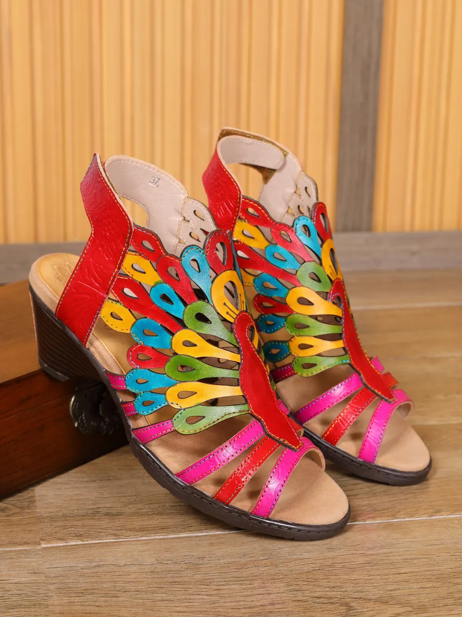 Genuine Leather Multi Color Cut Out Peacock Low Heel Sandals