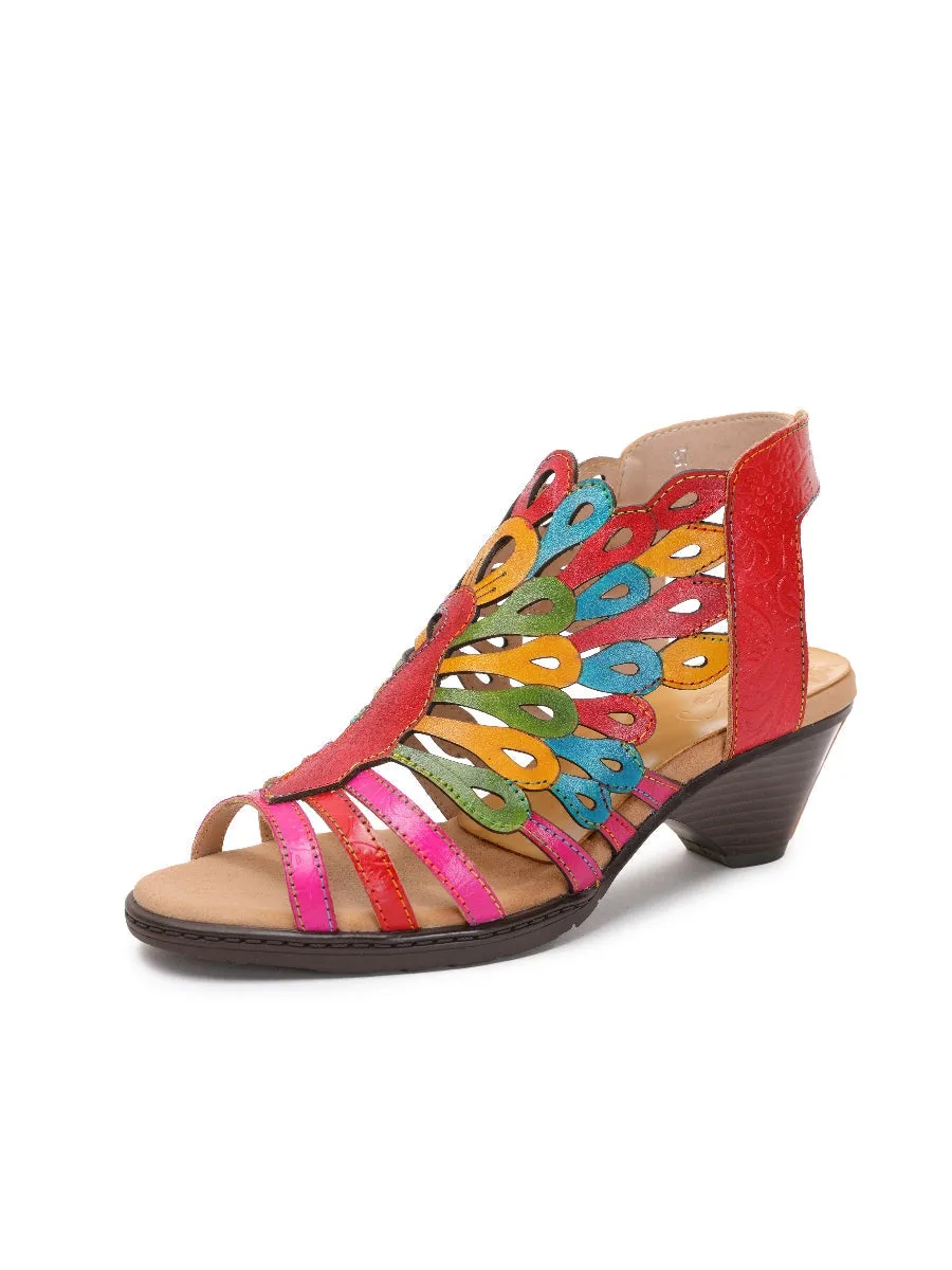 Genuine Leather Multi Color Cut Out Peacock Low Heel Sandals