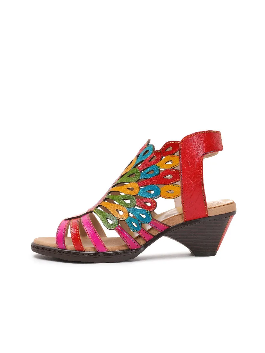 Genuine Leather Multi Color Cut Out Peacock Low Heel Sandals