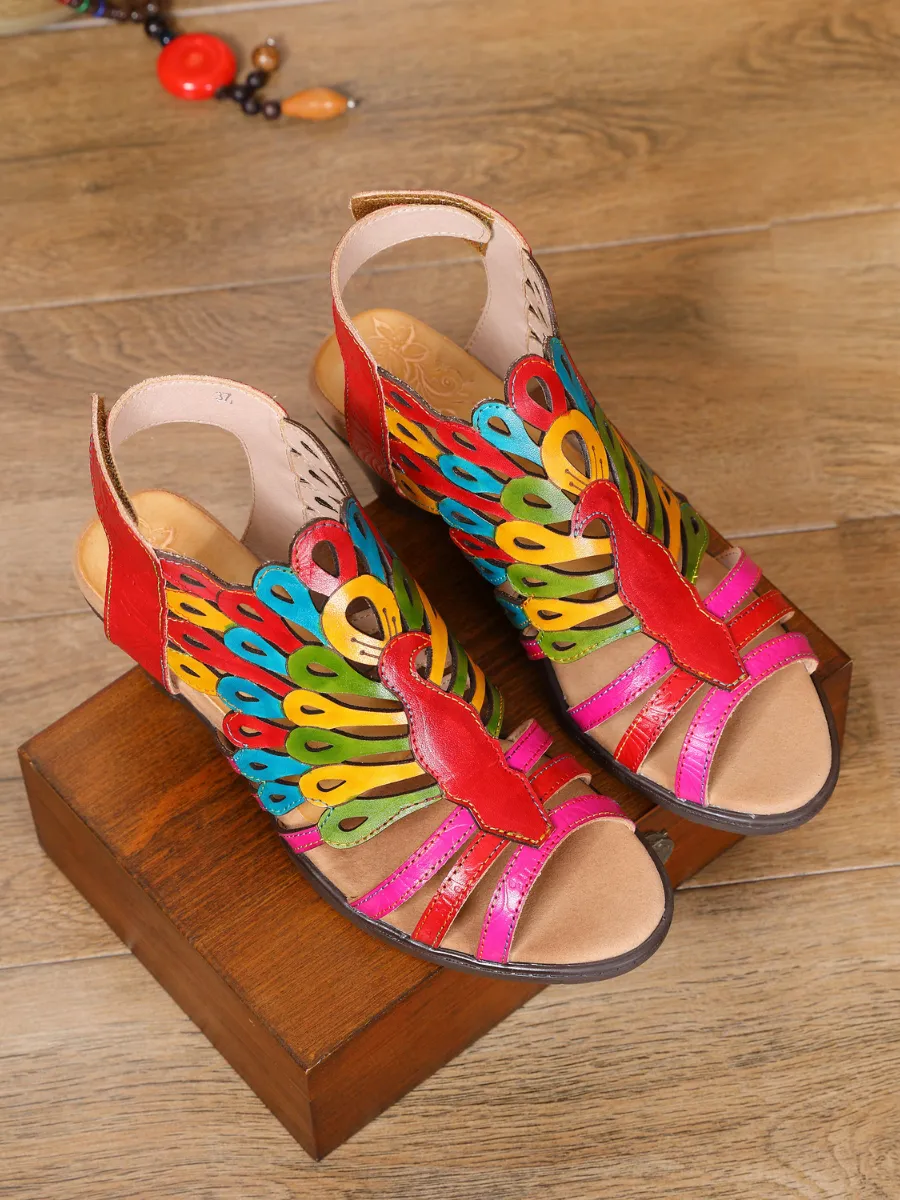 Genuine Leather Multi Color Cut Out Peacock Low Heel Sandals