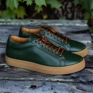 Green Leather Rocco Lace-Up Sneakers With Honey Colour Sole - Sneakers Shoes