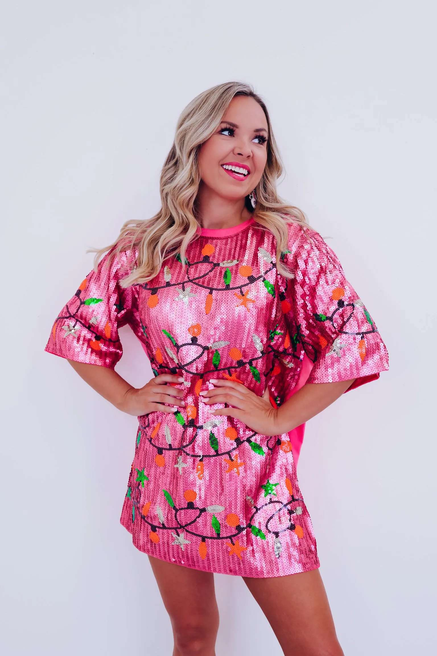 Holiday Lights Sequin T-Shirt Dress - Pink