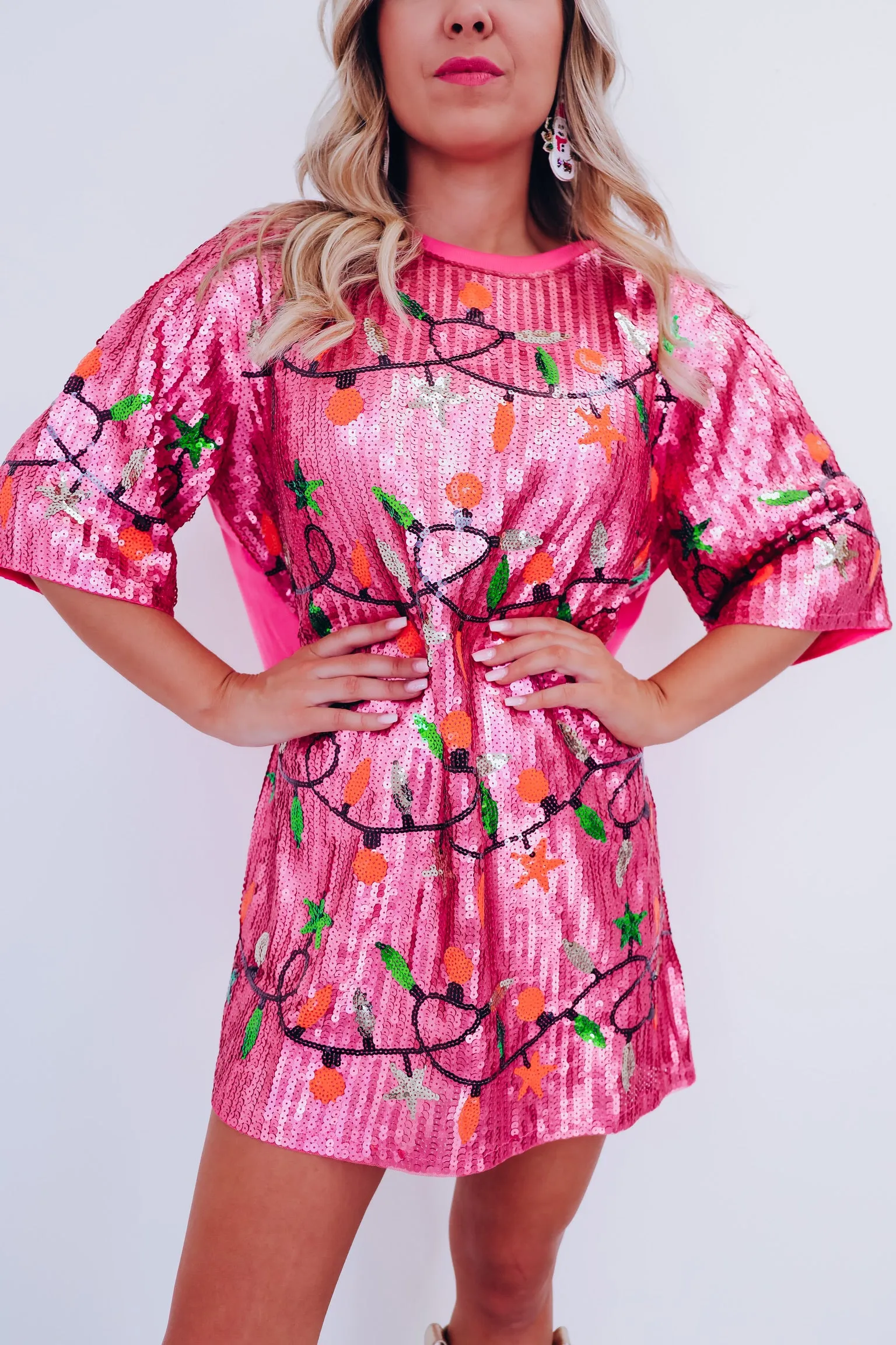 Holiday Lights Sequin T-Shirt Dress - Pink