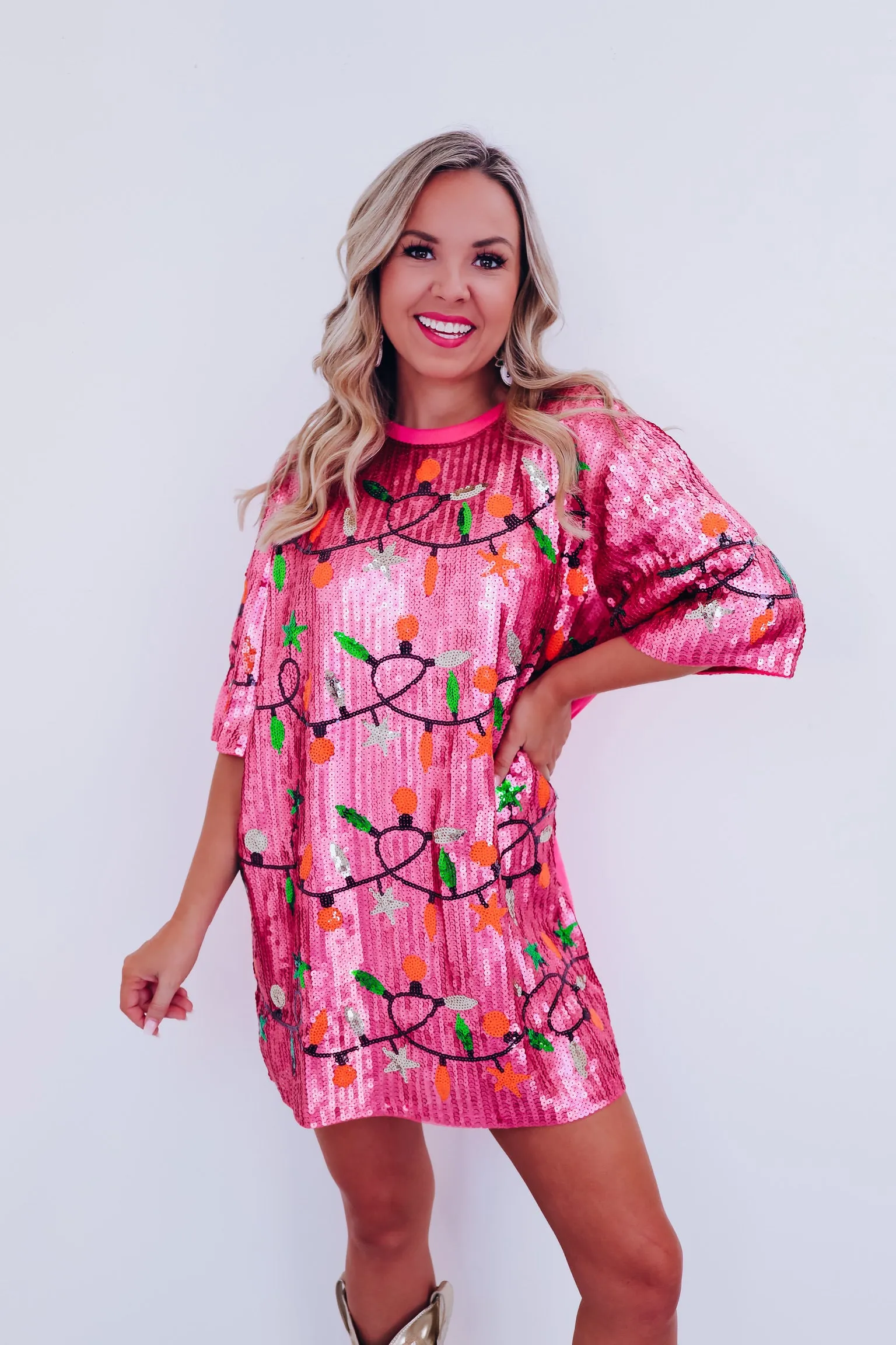Holiday Lights Sequin T-Shirt Dress - Pink