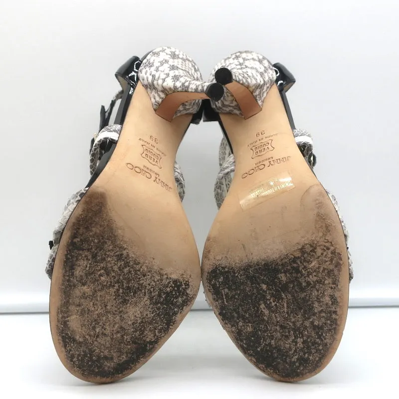 Jimmy Choo Crisscross Sandals Cream Snakeskin & Black Patent Leather Size 39