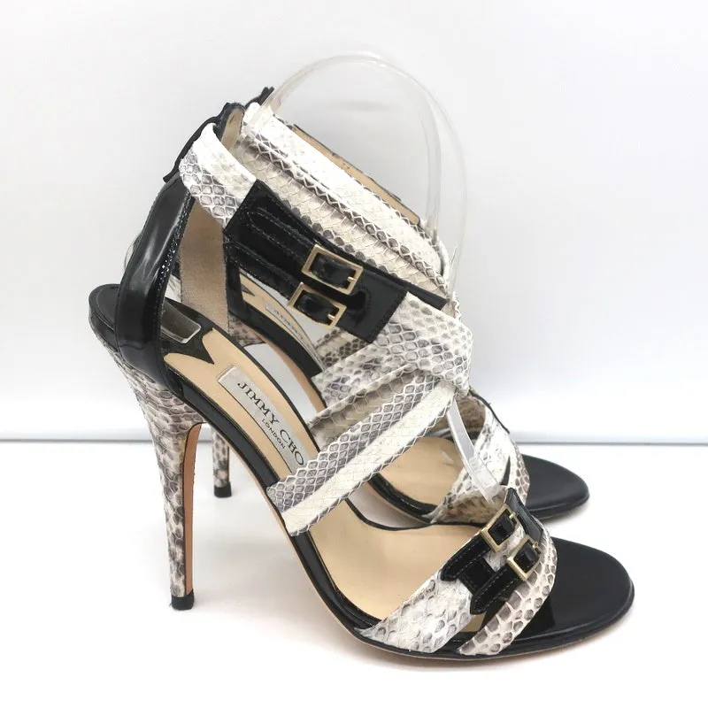 Jimmy Choo Crisscross Sandals Cream Snakeskin & Black Patent Leather Size 39