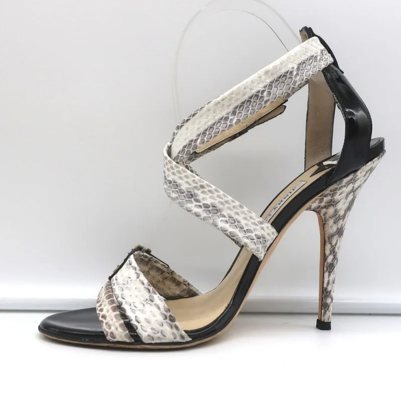 Jimmy Choo Crisscross Sandals Cream Snakeskin & Black Patent Leather Size 39