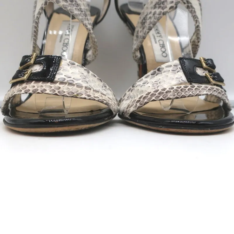 Jimmy Choo Crisscross Sandals Cream Snakeskin & Black Patent Leather Size 39