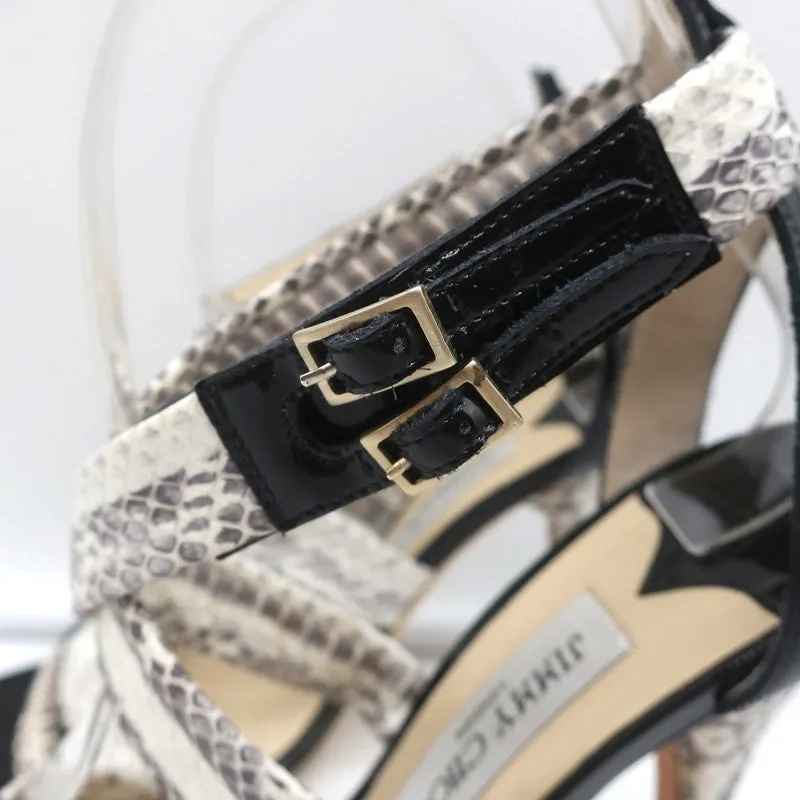 Jimmy Choo Crisscross Sandals Cream Snakeskin & Black Patent Leather Size 39