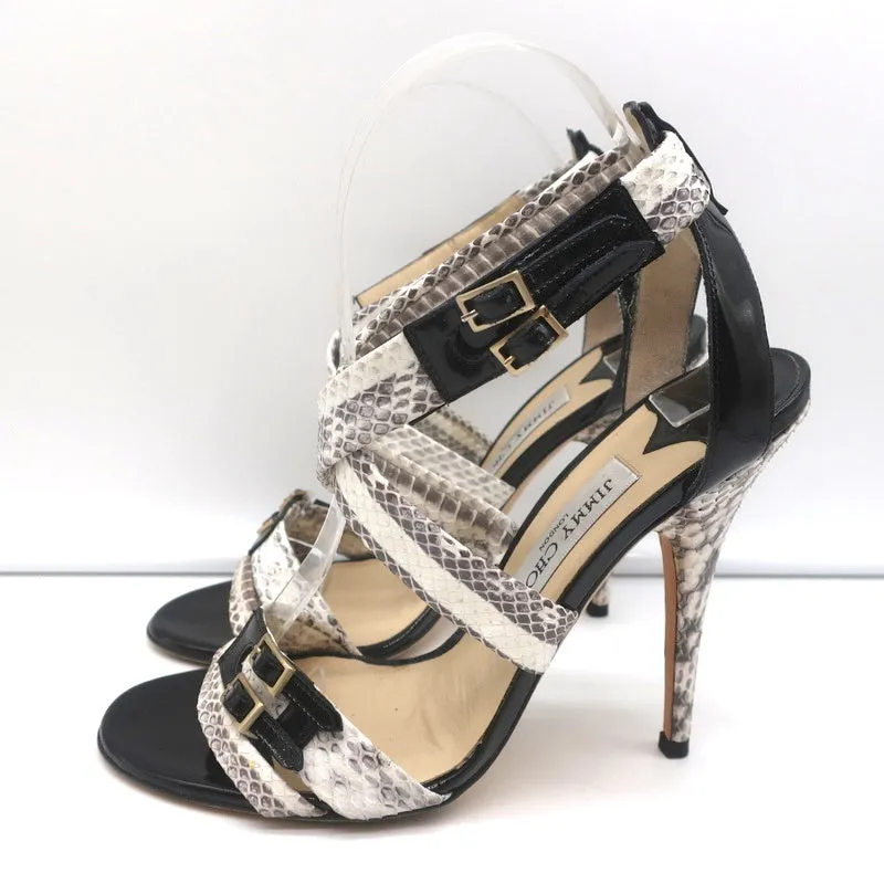 Jimmy Choo Crisscross Sandals Cream Snakeskin & Black Patent Leather Size 39