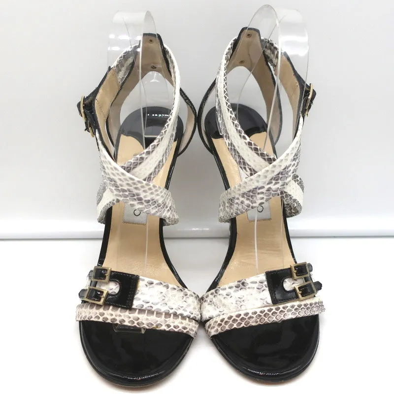 Jimmy Choo Crisscross Sandals Cream Snakeskin & Black Patent Leather Size 39
