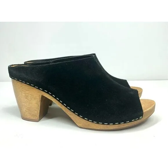 Kelsi Dagger Black Suede Bergenos Clogs Wood Block Heel Peep Toe Women Size 8.5