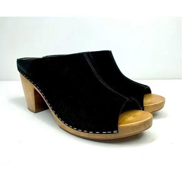 Kelsi Dagger Black Suede Bergenos Clogs Wood Block Heel Peep Toe Women Size 8.5