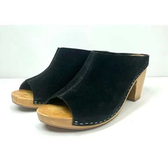 Kelsi Dagger Black Suede Bergenos Clogs Wood Block Heel Peep Toe Women Size 8.5