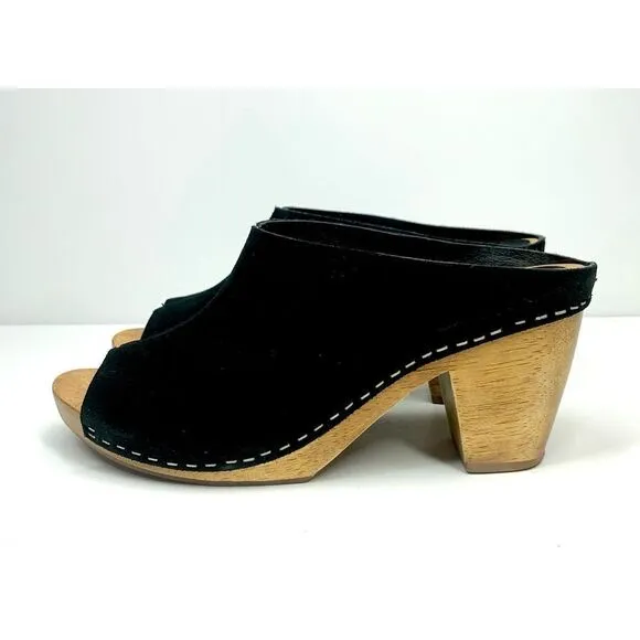Kelsi Dagger Black Suede Bergenos Clogs Wood Block Heel Peep Toe Women Size 8.5