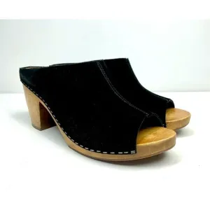 Kelsi Dagger Black Suede Bergenos Clogs Wood Block Heel Peep Toe Women Size 8.5