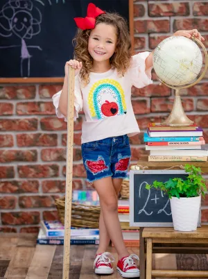 Learning Rainbow Patched Denim Shorts