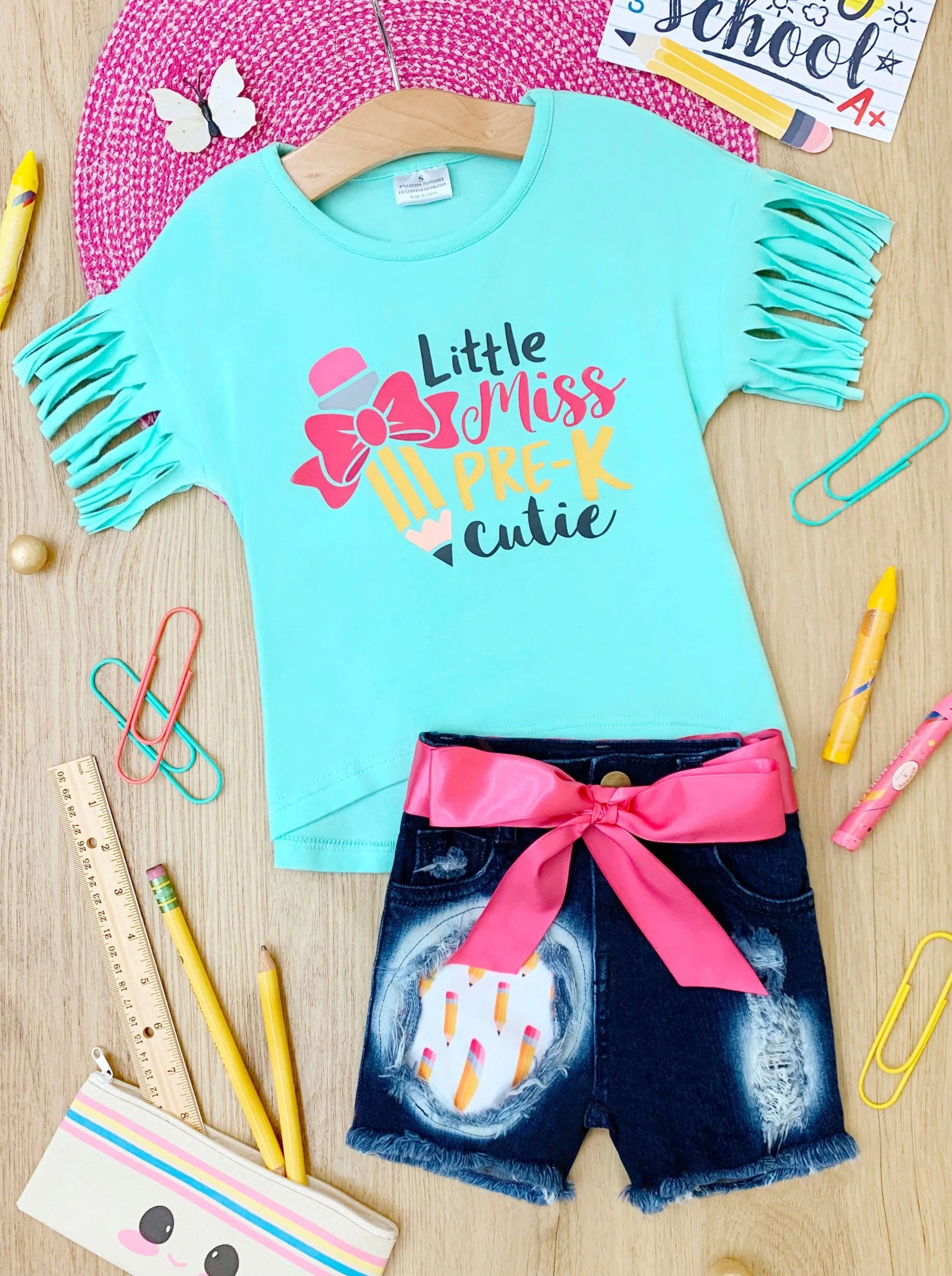 Little Miss Pre-K Cutie Patched Denim Short Set