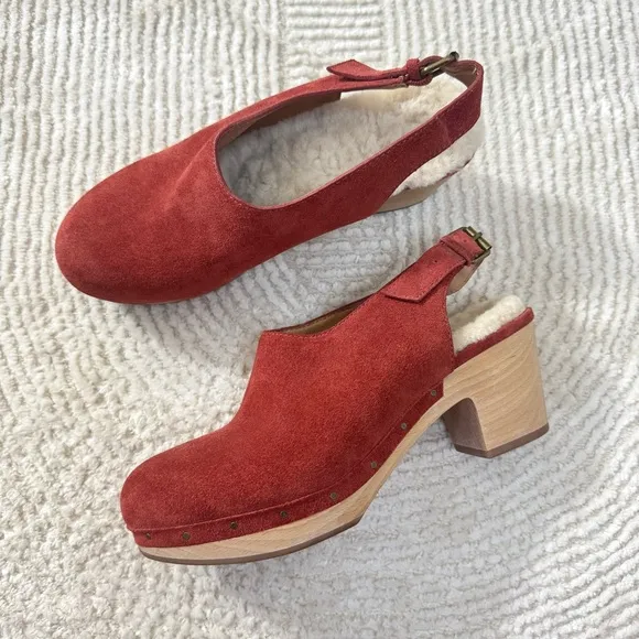 Madewell Marlo Slingback Clog Shearling Lined Nubuck Suede Leather Warm Nutmeg 7