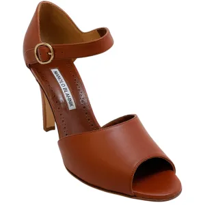 Manolo Blahnik Cognac Leather Gardita 105 Sandals