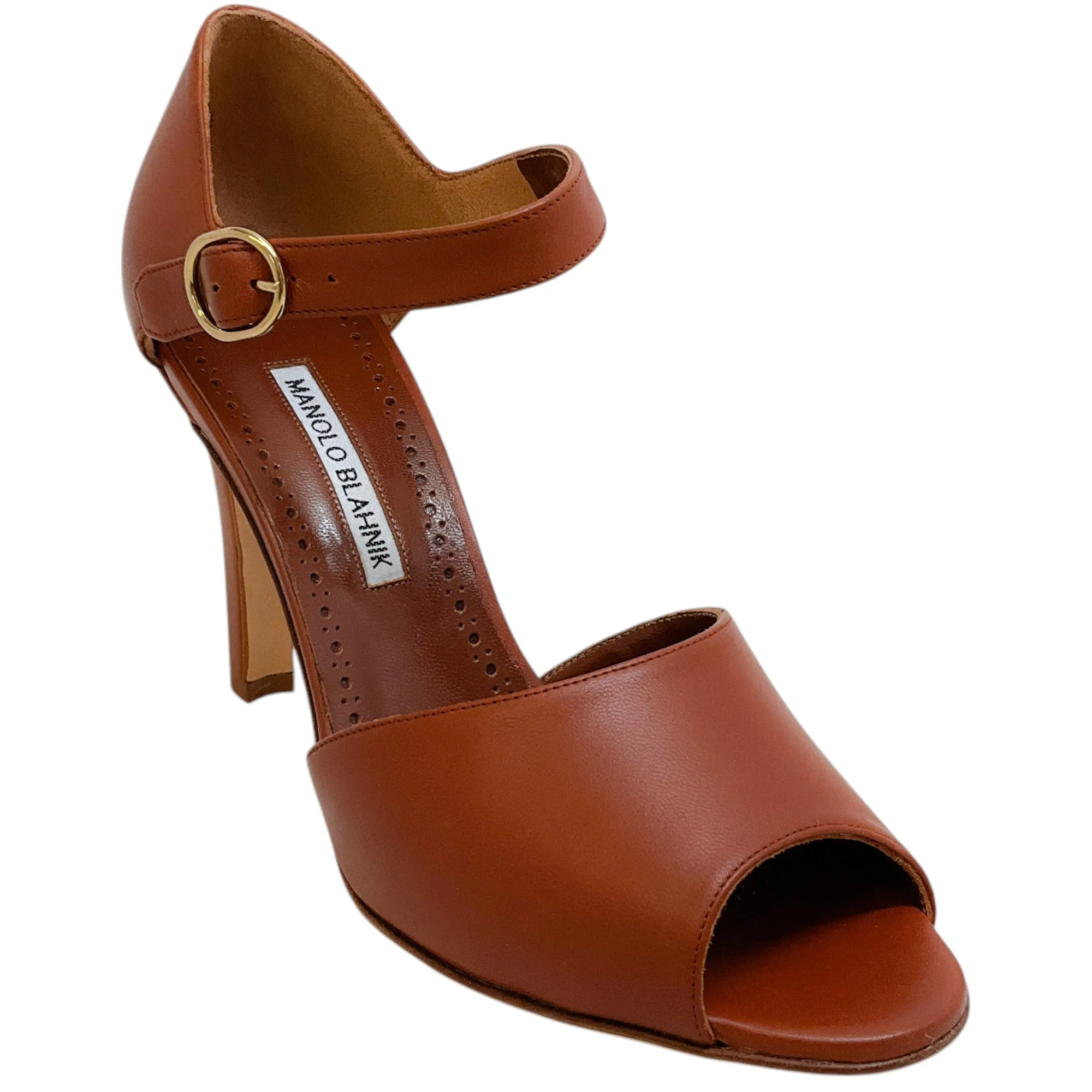 Manolo Blahnik Cognac Leather Gardita 105 Sandals