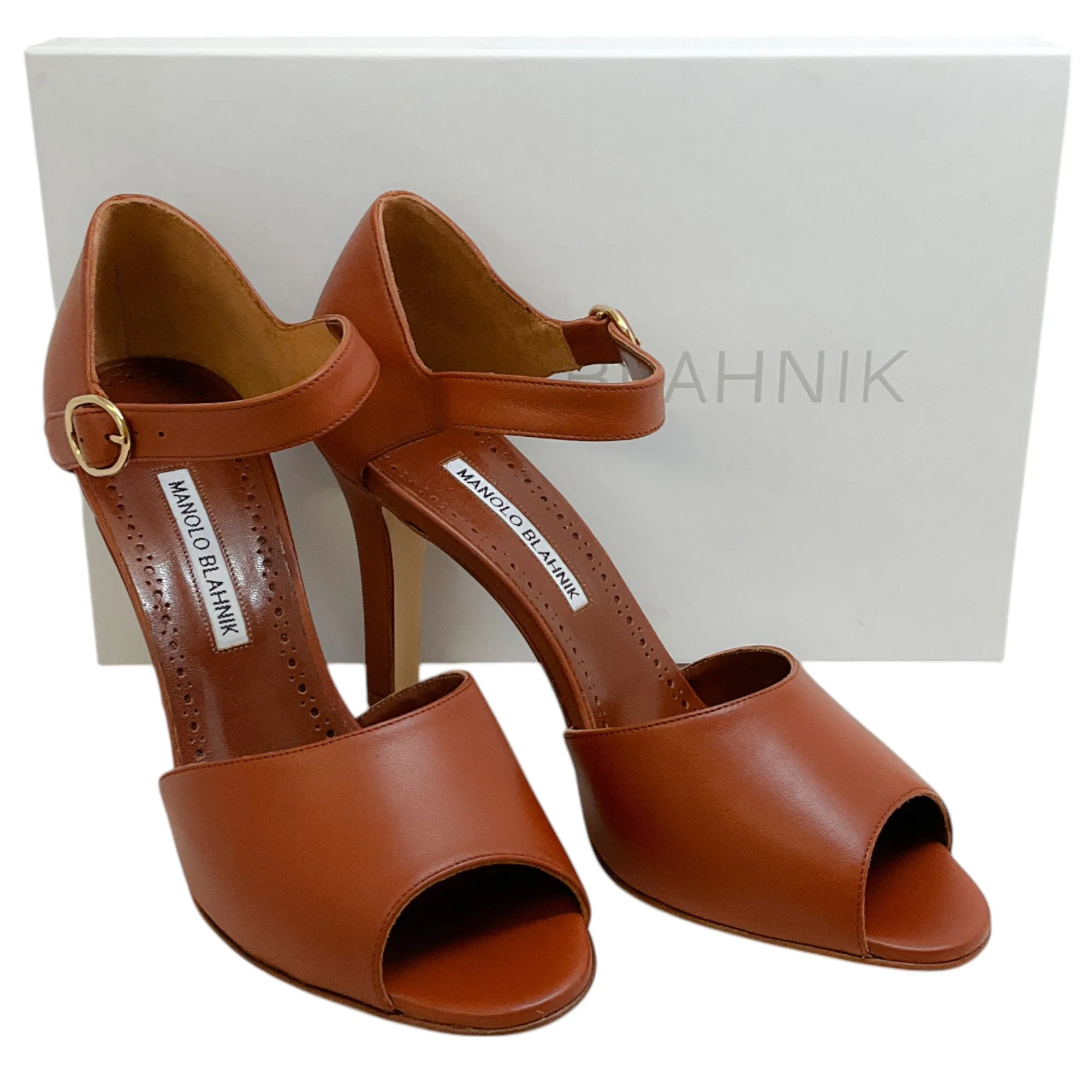 Manolo Blahnik Cognac Leather Gardita 105 Sandals
