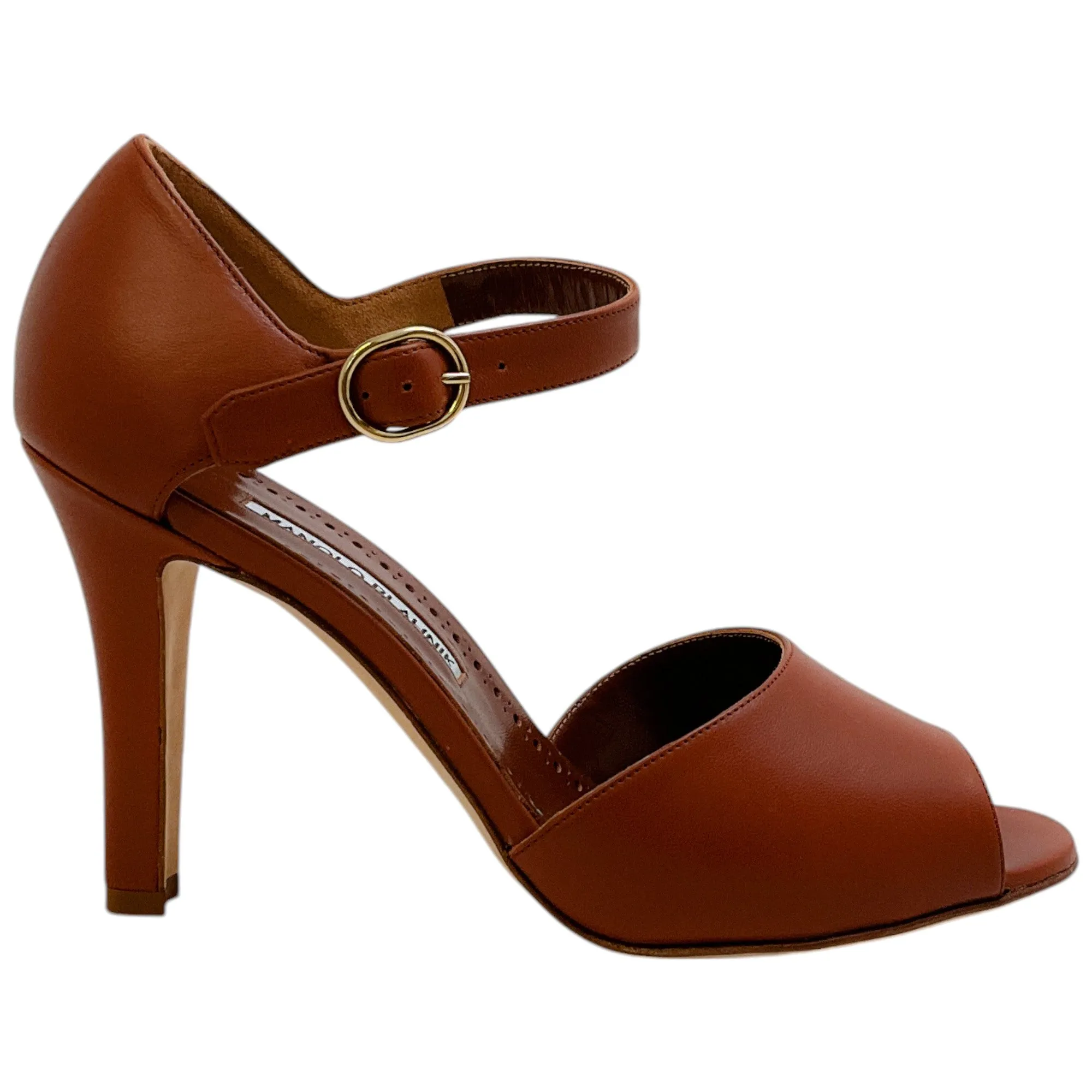 Manolo Blahnik Cognac Leather Gardita 105 Sandals