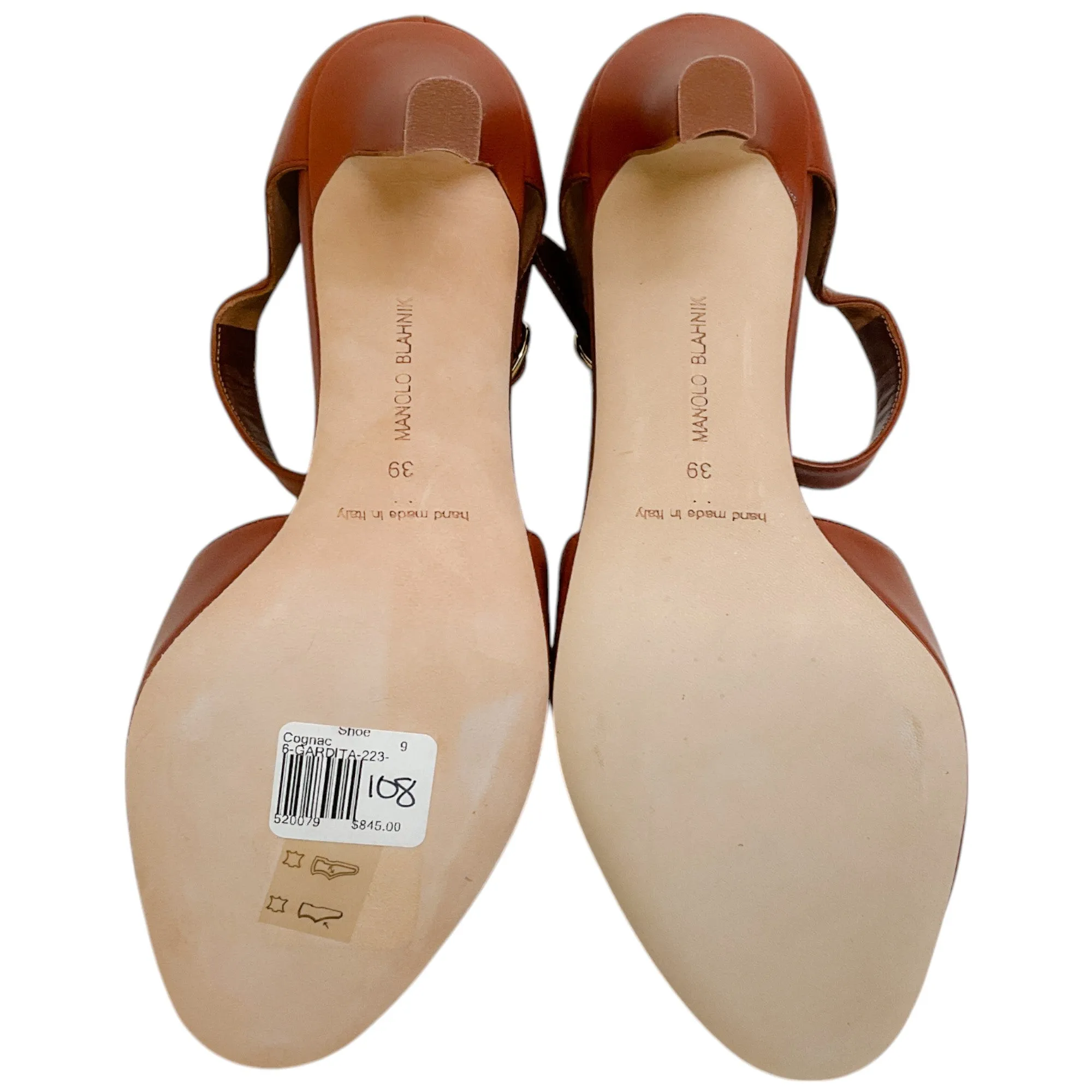 Manolo Blahnik Cognac Leather Gardita 105 Sandals