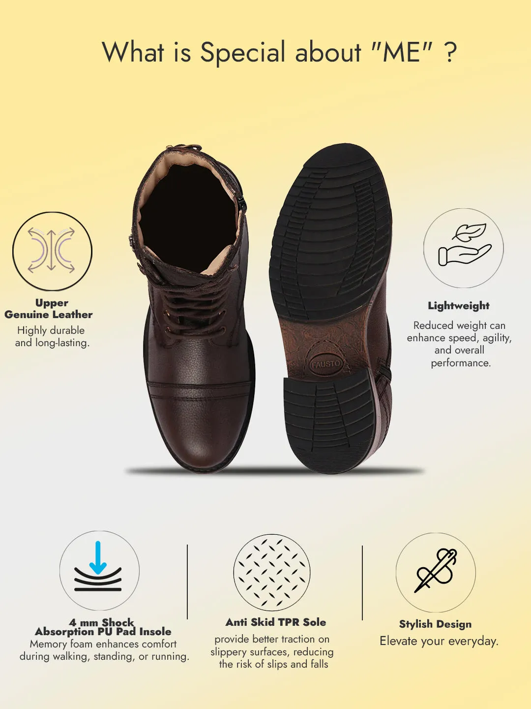 Men Brown High Ankle Genuine Leather Hook and 7-Eye Lace Up Side Zipper Adjustable Buckle Strap Cap Toe Anti Skid Sole Flat Boots