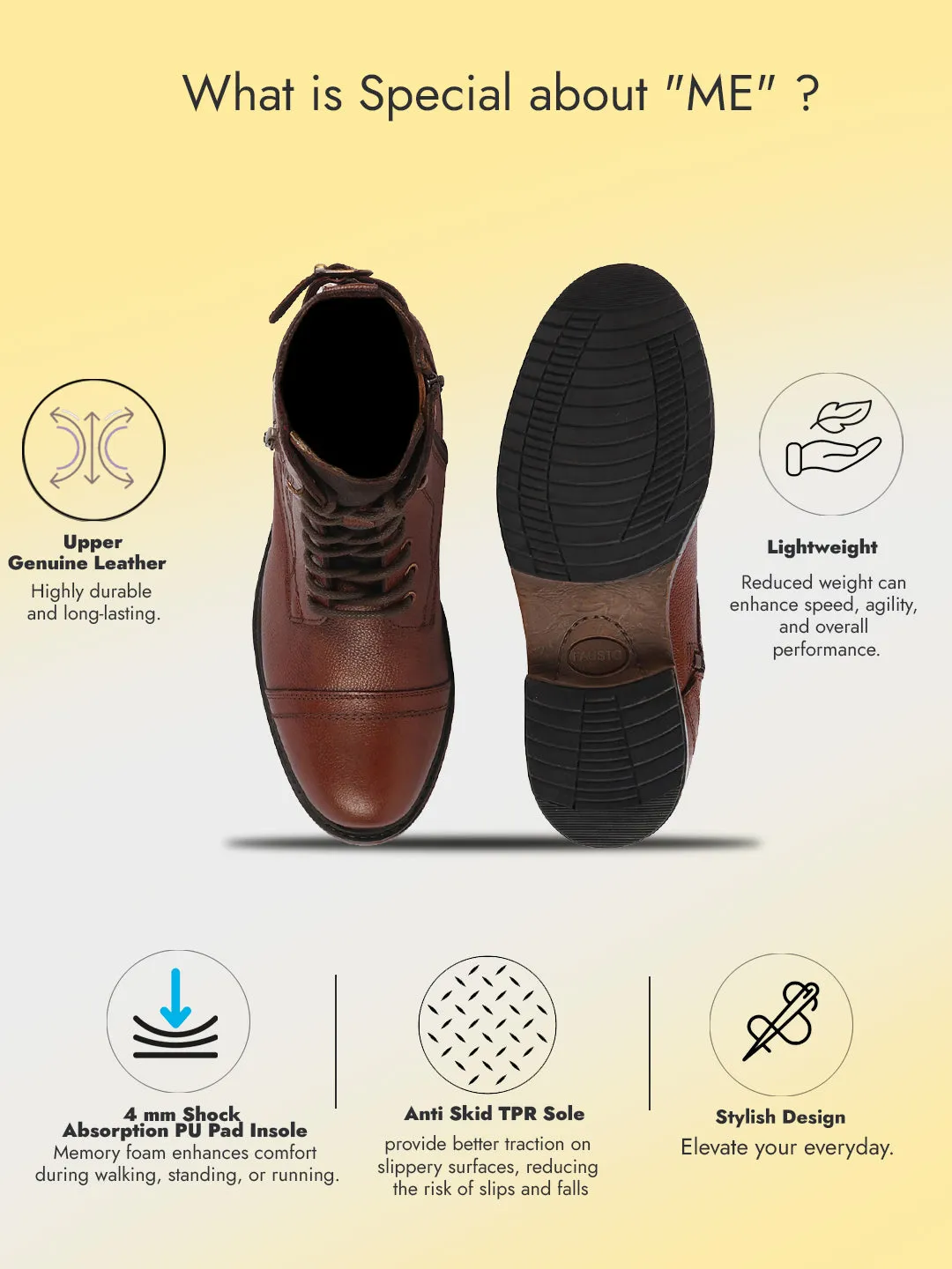 Men Tan High Ankle Genuine Leather Hook and 7-Eye Lace Up Side Zipper Adjustable Buckle Strap Cap Toe Anti Skid Sole Flat Boots