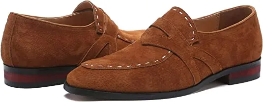 Men's Suede Smoking Loafers White Stitching