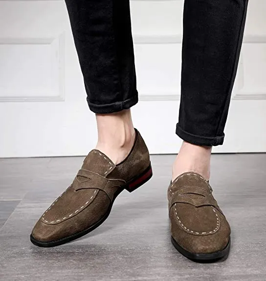 Men's Suede Smoking Loafers White Stitching