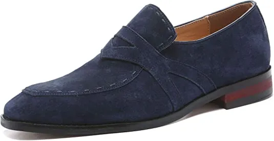 Men's Suede Smoking Loafers White Stitching