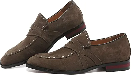 Men's Suede Smoking Loafers White Stitching