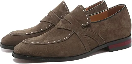 Men's Suede Smoking Loafers White Stitching