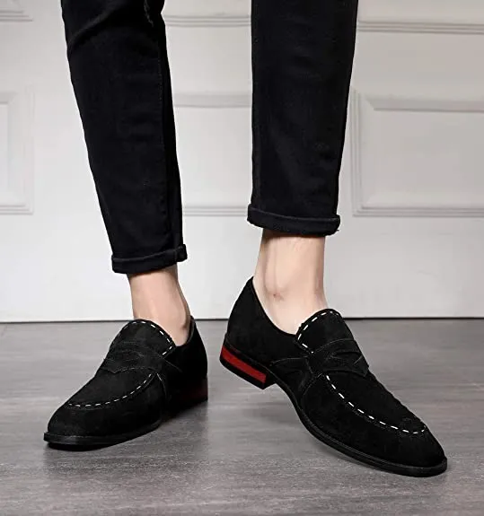 Men's Suede Smoking Loafers White Stitching