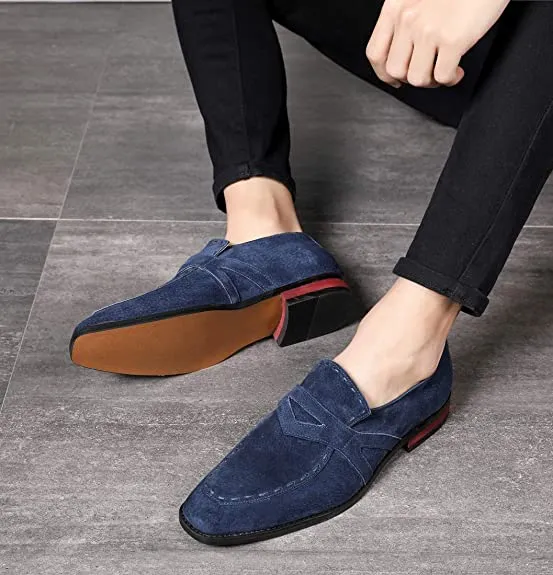 Men's Suede Smoking Loafers White Stitching