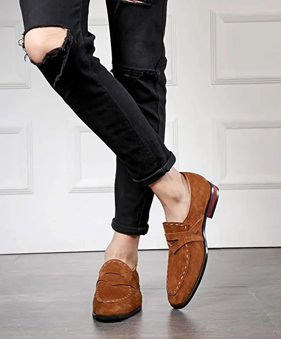 Men's Suede Smoking Loafers White Stitching