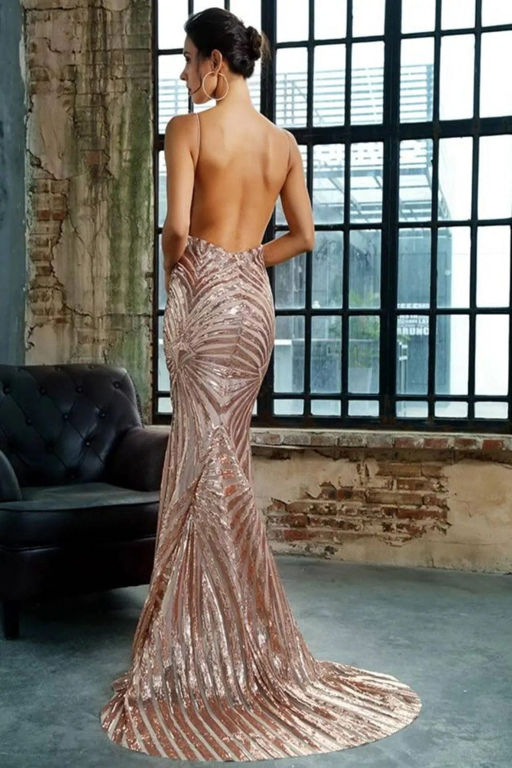Mermaid Geometric Sequins Long Bridesmaid Dress - Gold