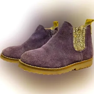 Mini Boden Boots Girls 9.5 US 26 EU Chelsea Purple Suede Gold Glitter Zip Winter